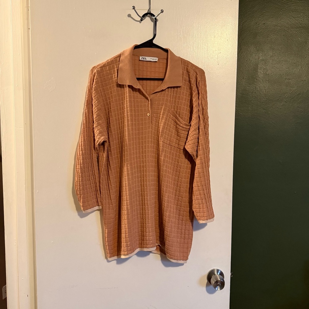 zara mens tan textured knit sweater 3/4 button down collared top size small
